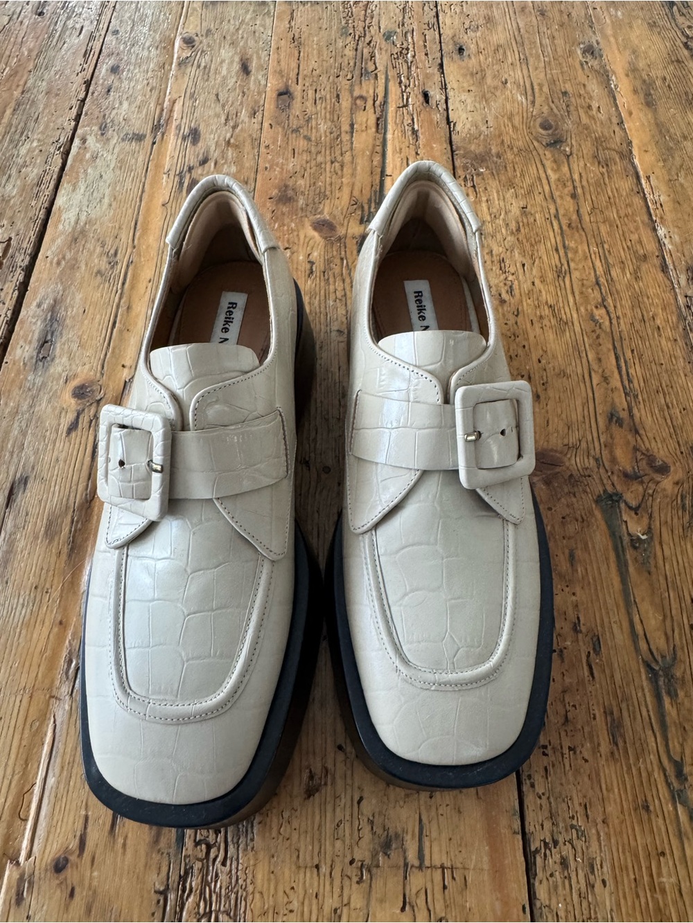 Reike Nen Cream Croc-Embossed Buckle Loafers